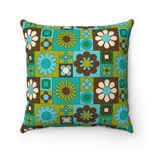 ✨ Vintage Retro Mod 1970s Blue Green Flower Power Floral Throw Pillow